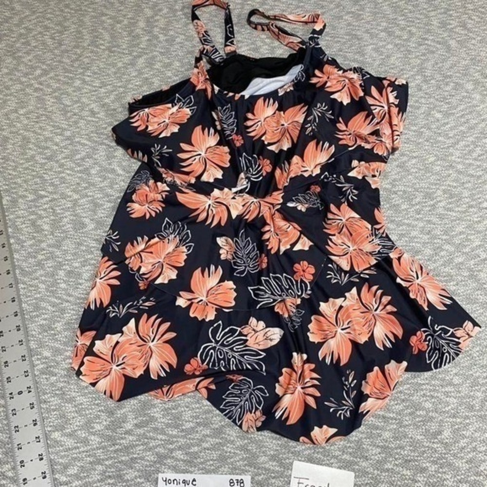 Yonique black & orange floral swimsuit top with adjustable straps 30W. SKU878